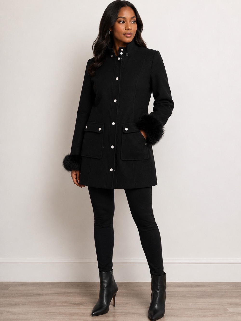 Express Black Wool-Blend Pea Coat with Faux Fur Cuffs